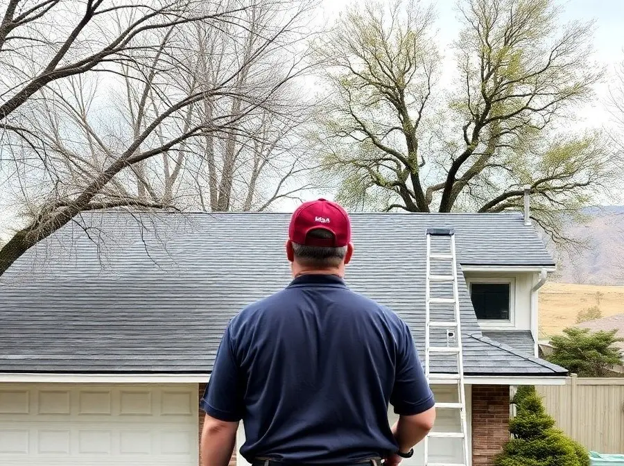 Roofing contractor looking over a shingle roof from the driveway, ladder at the eave