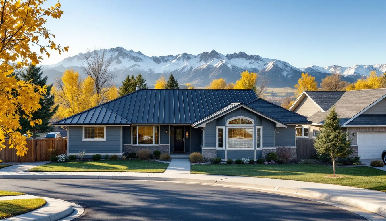 A single-story home with a dark standing seam metal roof next to a neighbor's shingle roof, with the Wasatch mountains behind