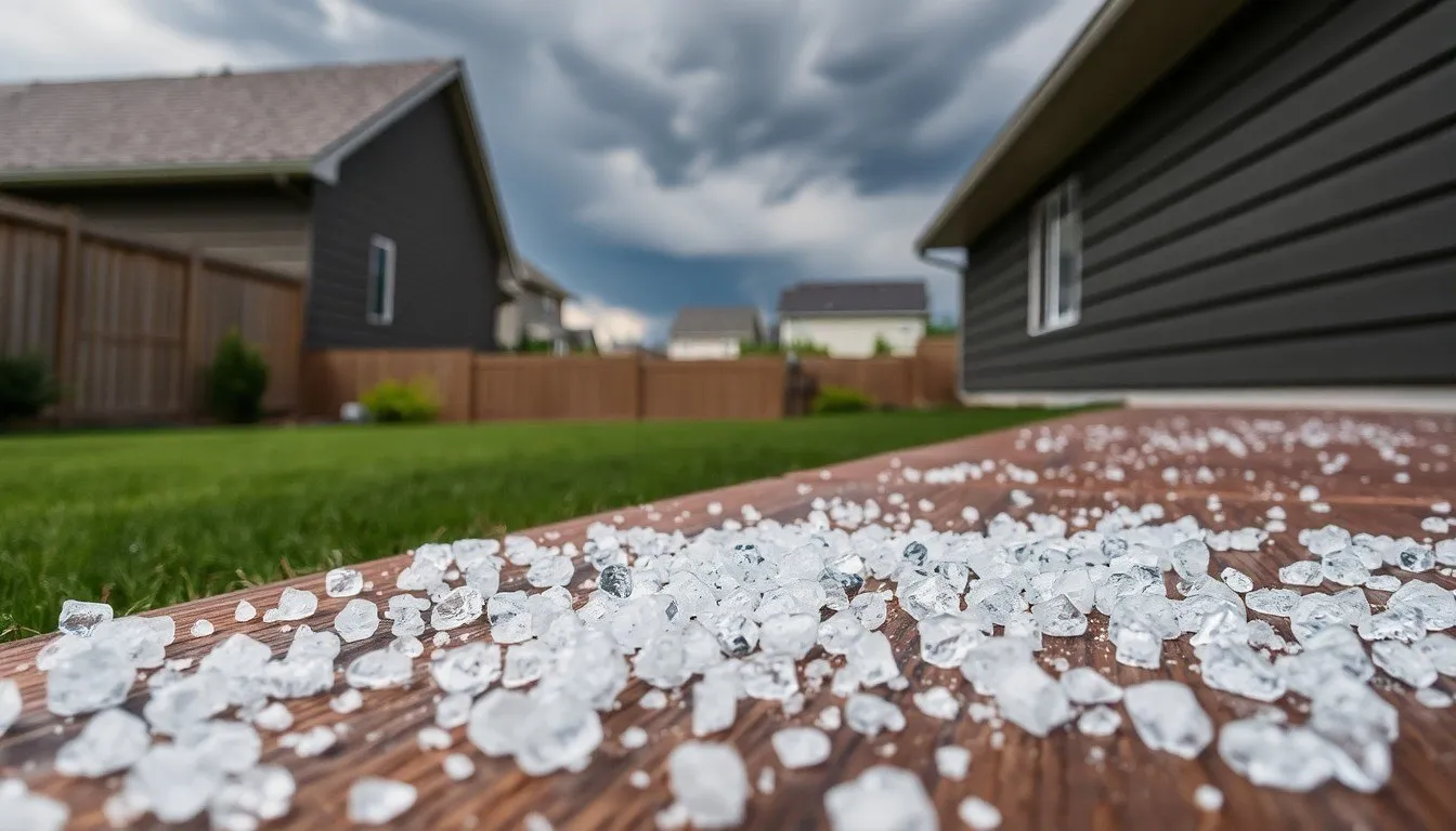 Hailstones on a backyard deck after a storm