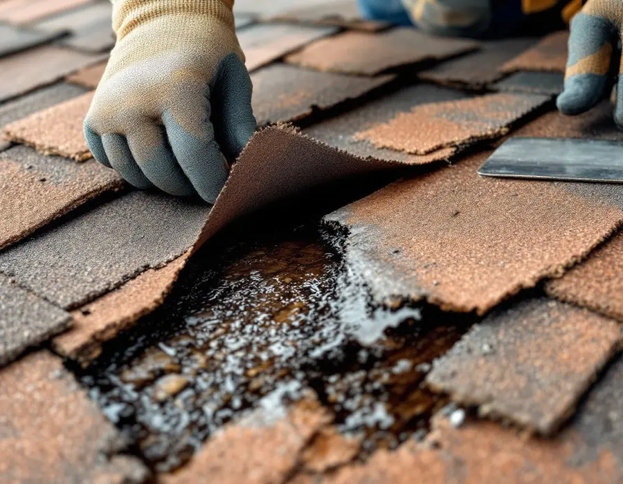 Shingles peeled back to reveal the water track staining the underlayment