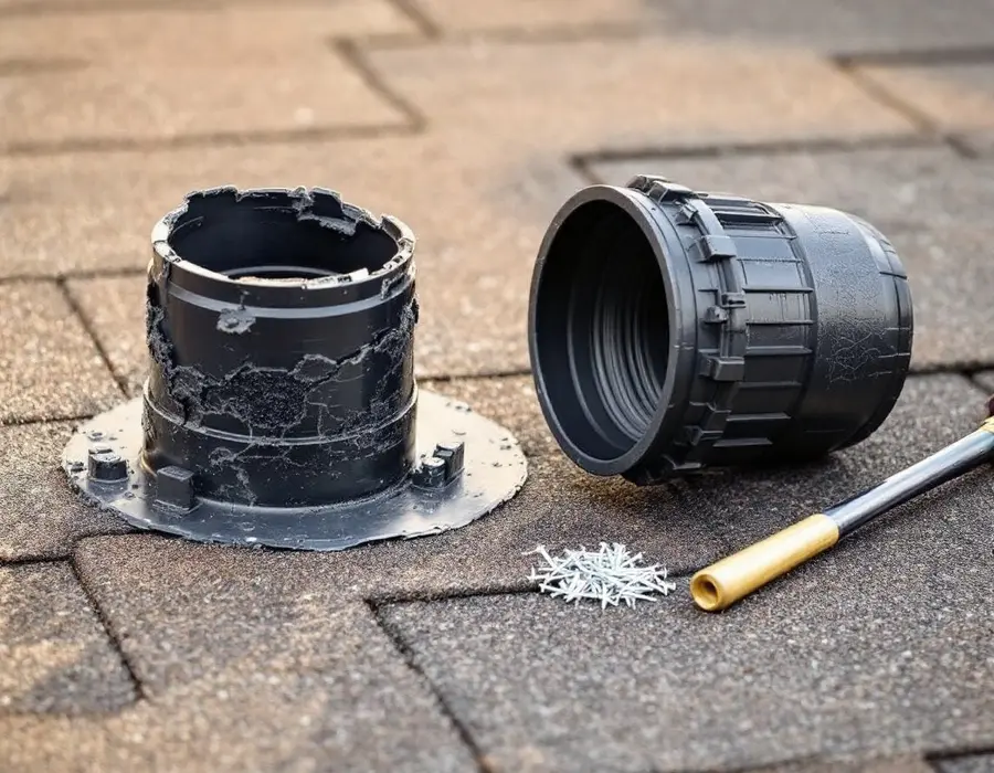 A cracked pipe boot beside its new replacement, nails ready on the roof