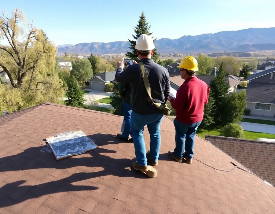 Roofer and adjuster on a roof reviewing chalk-marked hail damage