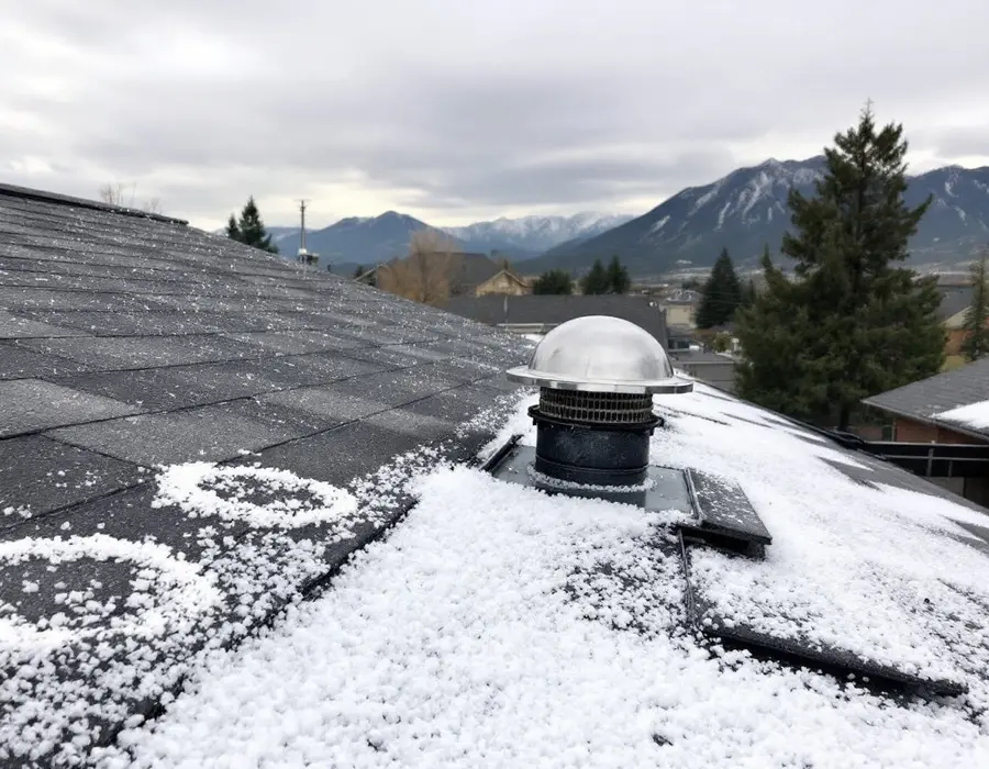 Hail piled around a roof vent with chalk-marked bruises, the Wasatch behind