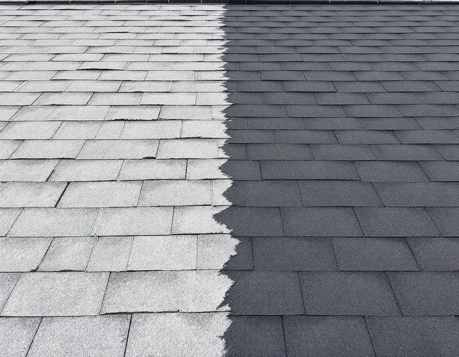 Wind-damaged shingles on the left, new shingles already installed on the right