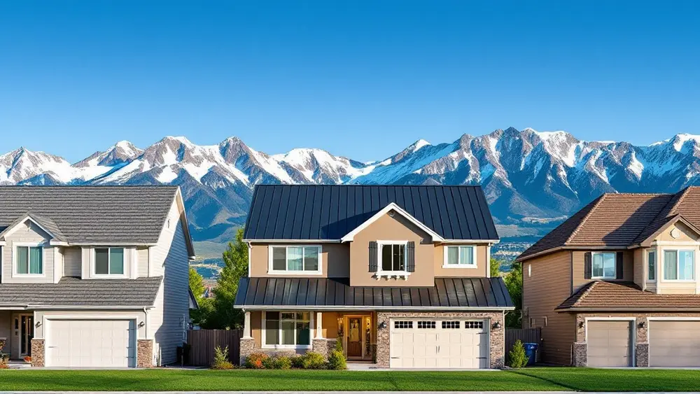 Three neighboring homes with a gray slate-style roof, a dark standing seam metal roof and a brown shingle roof, snowy mountains behind