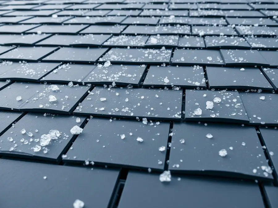 Hailstones scattered across a gray slate-style roof after a storm