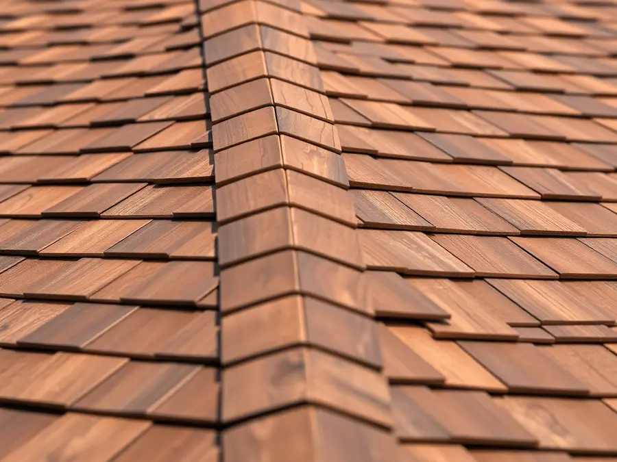 Close-up of brown shake-style roof pieces in overlapping rows meeting at a ridge