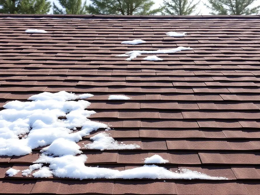 Patches of melting snow on a brown shake-style roof in morning sun