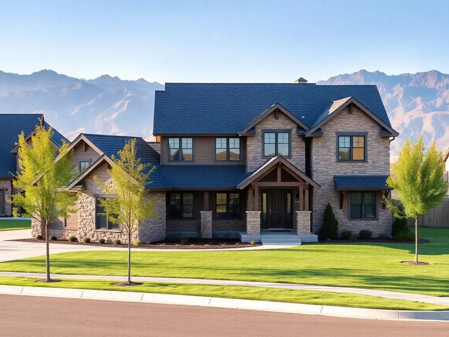 Two-story stone home with a dark gray roof in a newer neighborhood with mountains behind
