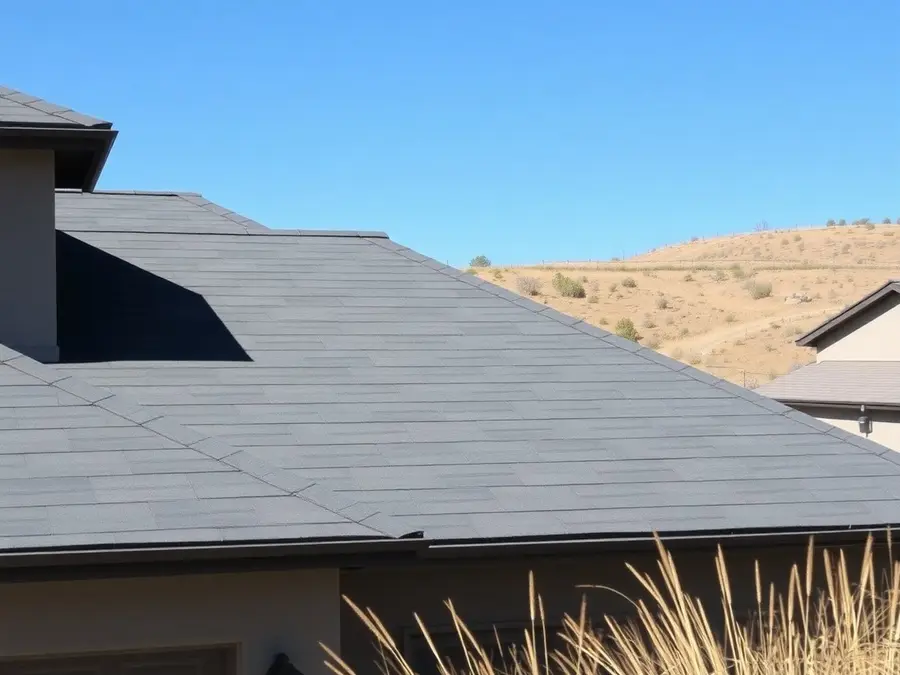 Gray roof on a home with a dry, brushy hillside in the distance