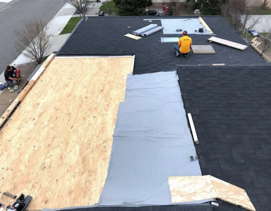 Roof replacement mid-tear-off: bare deck, underlayment going down, new shingles started