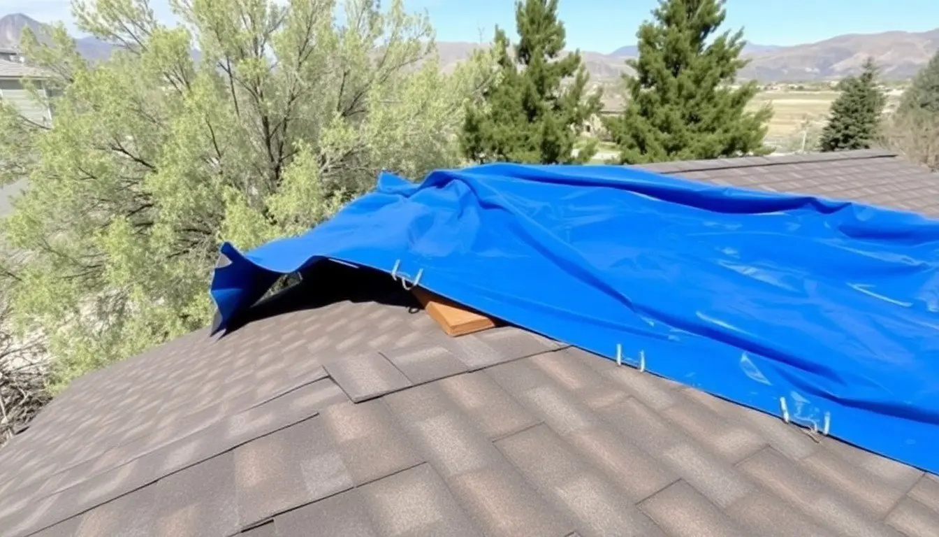 Blue tarp secured over a damaged roof section as temporary weatherproofing