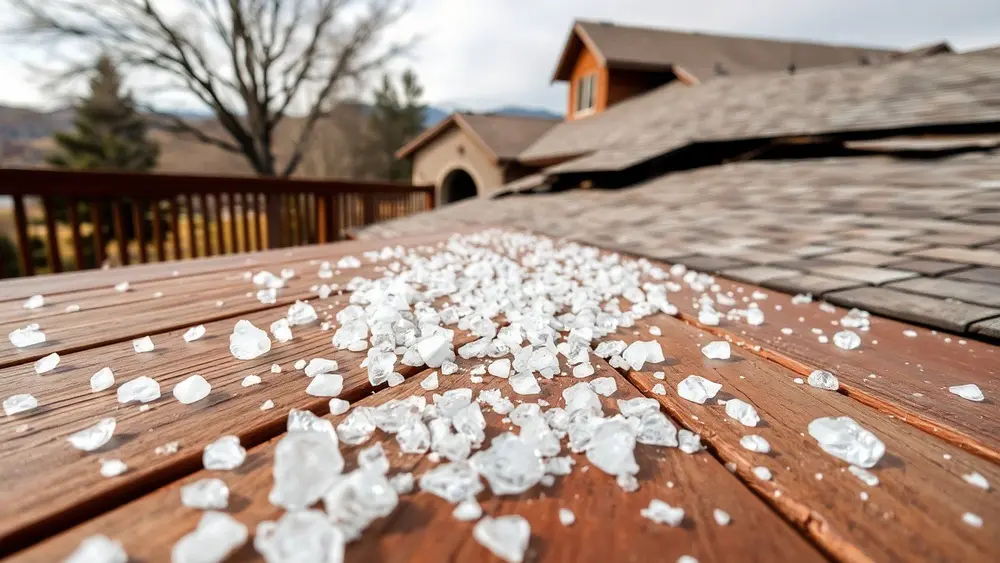 Hailstones on a deck with a damaged roof in the background