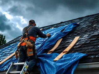 Roofer on a ladder securing a tarp over storm damage under a clearing sky