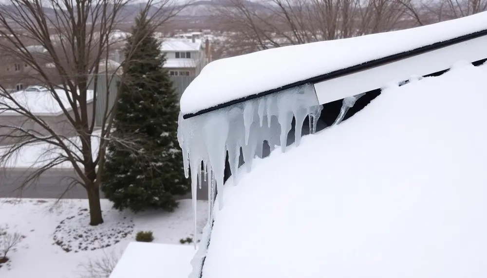 Thick ice dam and icicles on the eave of a snow-covered roof