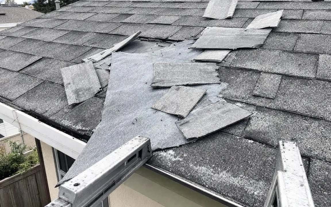 Shingles torn away near the eave after a windstorm, underlayment exposed