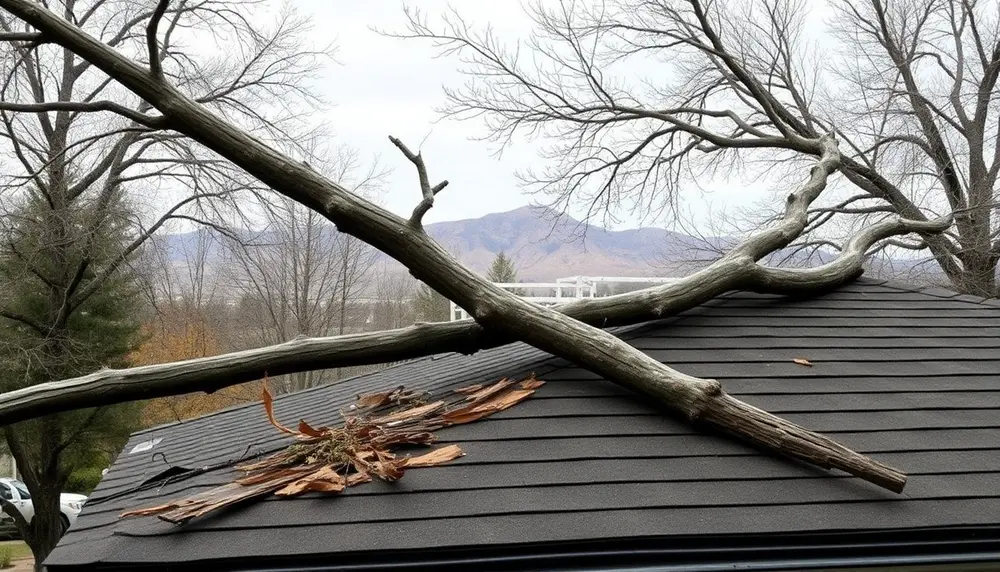 Tree branch resting on a damaged roof after a storm