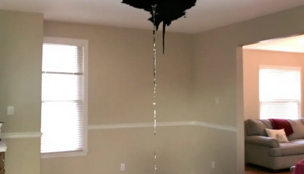 Water pouring from a ceiling stain into a living room