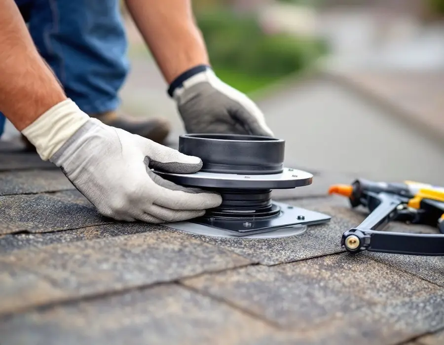 Gloved hands seating a new rubber pipe boot over a plumbing vent