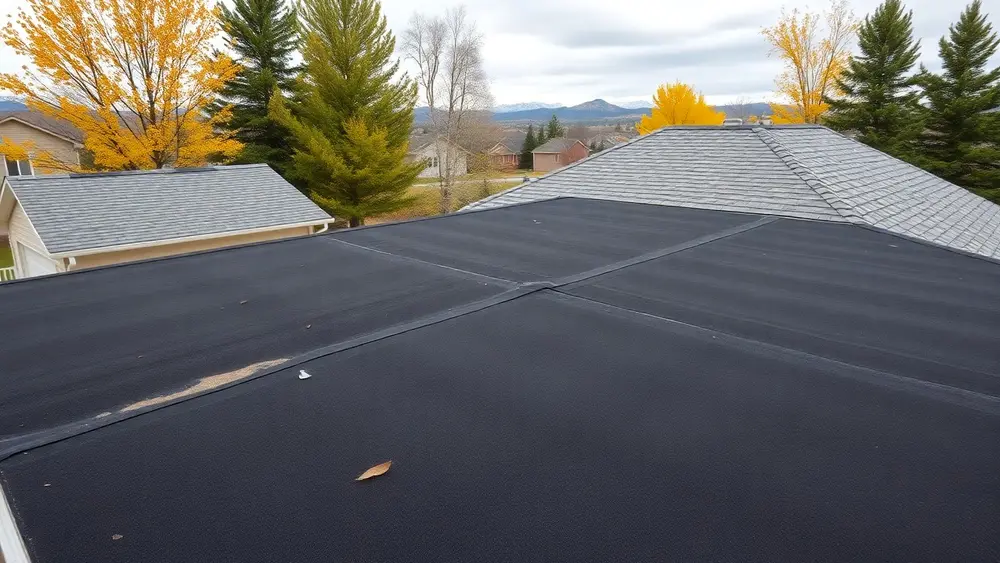 Older black rubber membrane flat roof with taped seams and a worn spot, autumn trees and mountains behind