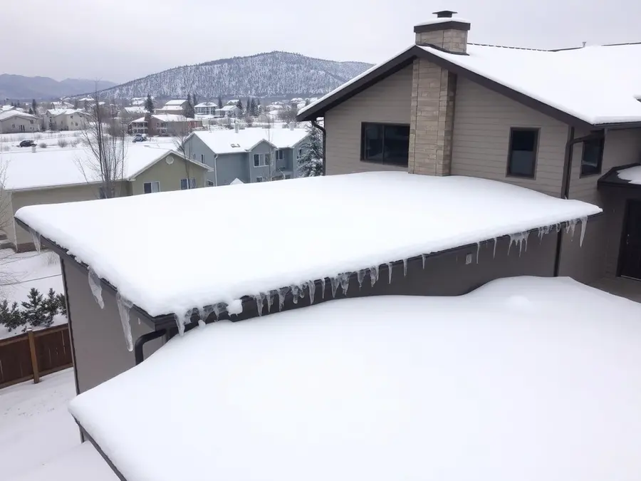 Snow piled on a flat roof addition beside a two-story house, icicles along the edge, wooded hills behind