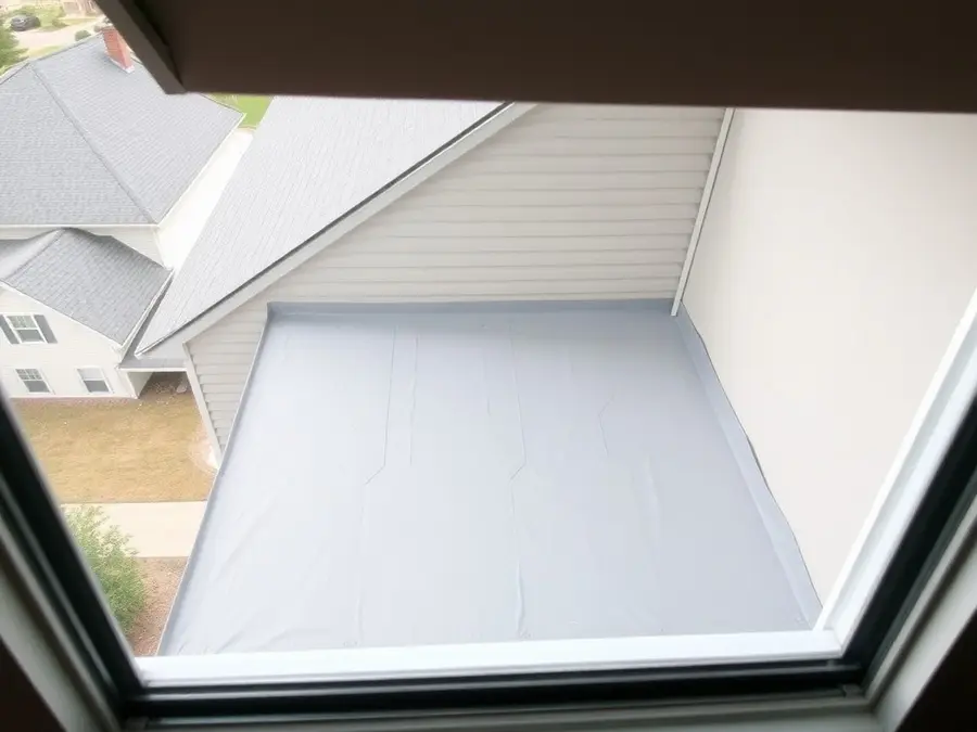 Gray flat roof seen from an upstairs window, tucked against the house walls below a pitched shingle roof