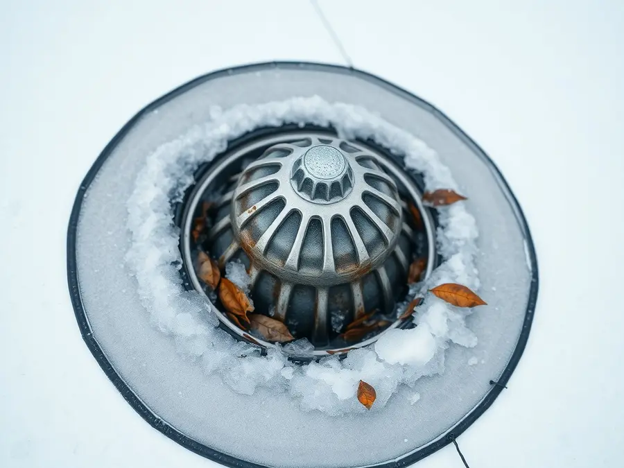 Roof drain on a white flat roof packed with ice, snow and dead leaves