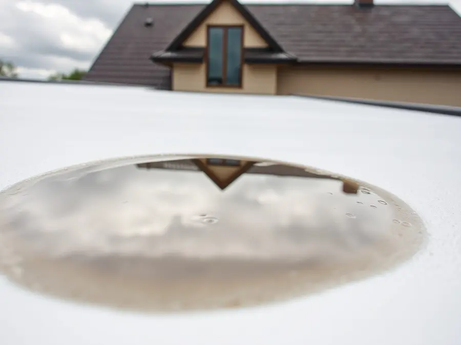 Puddle of standing water on a white flat roof, a pitched roof blurred behind