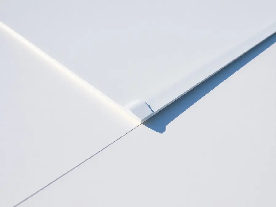Close-up of overlapping white roof membrane sheets with a sealed lap seam