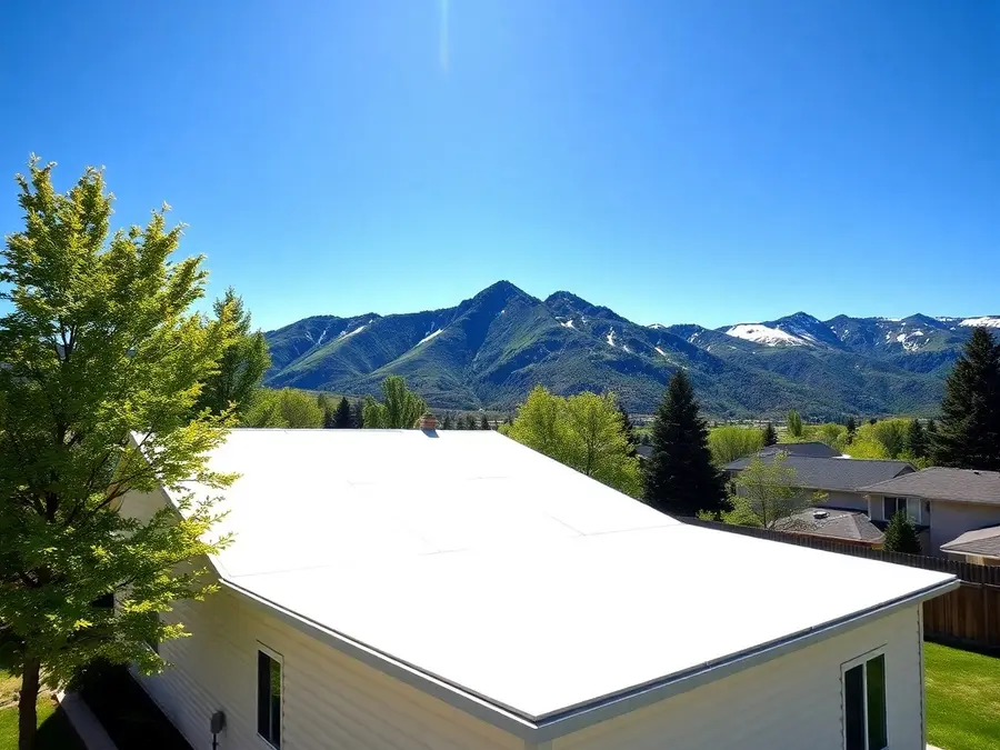 Bright white low-slope roof on a single-story home, green trees and mountains under a clear summer sky