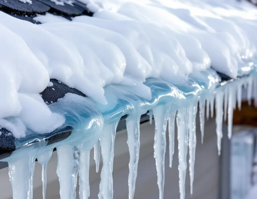 Ice dam and icicles built up along the eave of a snow-covered roof