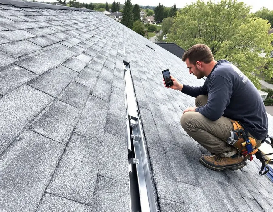 Roofer photographing flashing and shingle courses during a free inspection