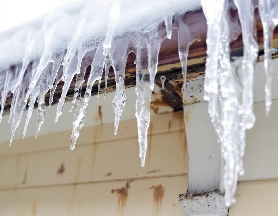 Ice at the eave with meltwater staining the fascia and siding below