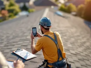 Roofer photographing a hail mark on a shingle roof during a free inspection