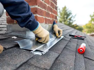 Gloved hands fitting new step flashing against a brick chimney