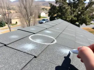 Hail bruising on asphalt shingles, chalk-circled during an inspection