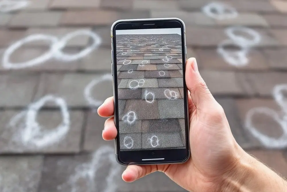 Roofer holding a phone showing photos of chalk-circled hail damage over the roof itself