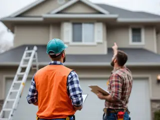 Roofer and insurance adjuster in a driveway looking up at a hail-damaged roof