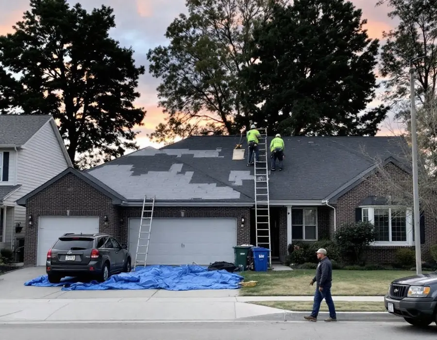 Roof replacement underway on an older home, crew and ladders at the eave