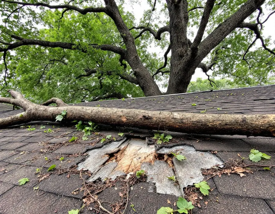 Fallen branch on a Kaysville roof with the shingles punctured beneath it