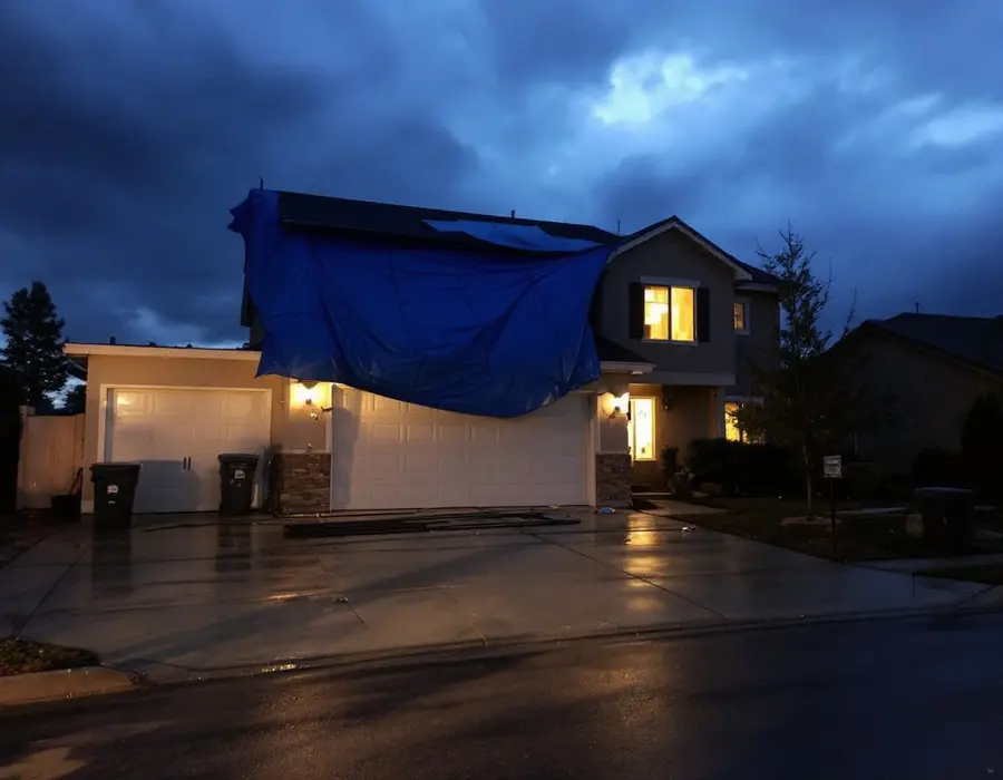 Emergency tarp over a damaged roof at dusk, seen from the driveway