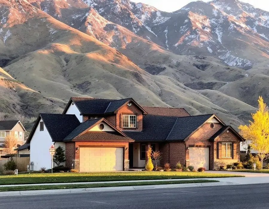 Two-story home on a Layton bench street with the Wasatch foothills behind