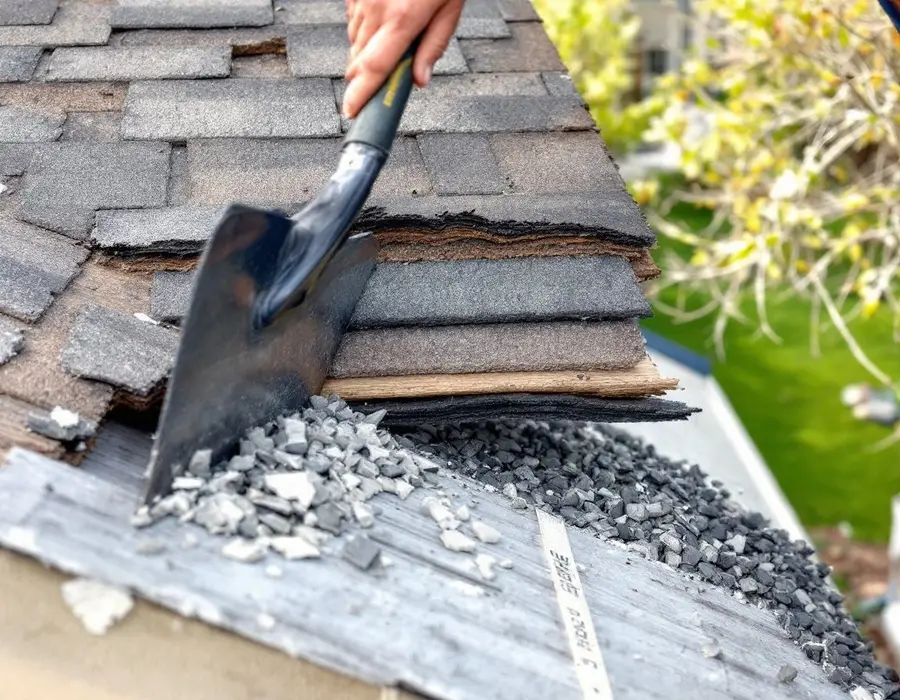 Tear-off in progress, three stacked layers of old shingles visible at the torn edge