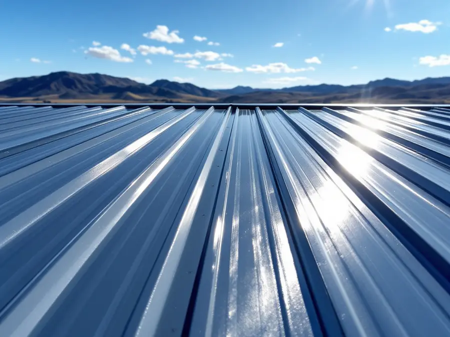 Bright sun glinting off a metal roof under a blue sky, mountains on the horizon