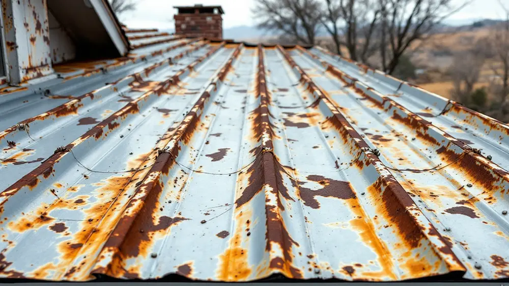 Old ribbed metal roof with peeling paint and rust running along the ribs