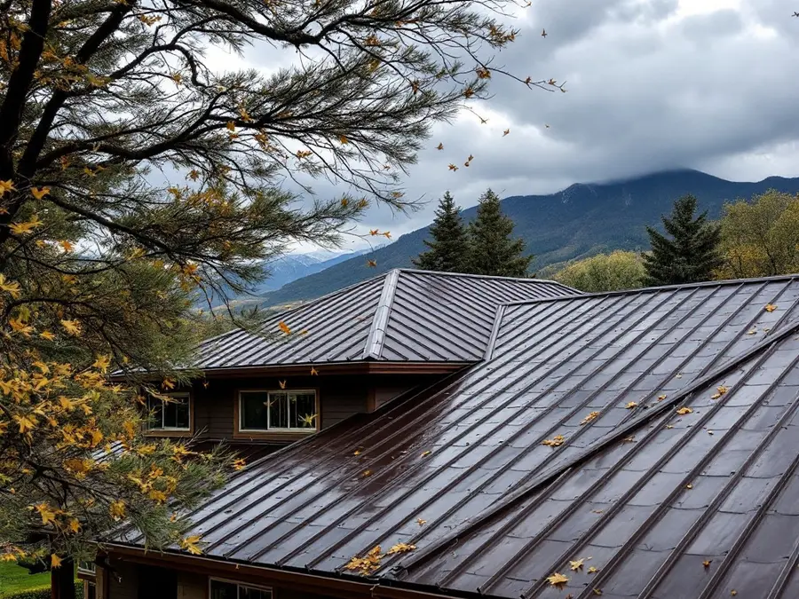 Dark brown metal roof on a two-story home among trees, mountains behind