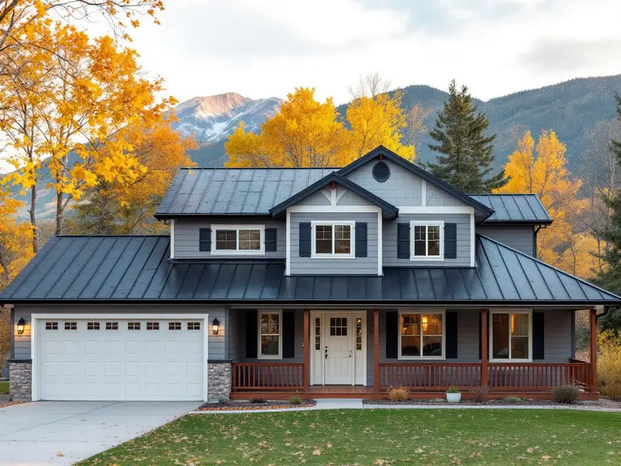 Two-story home with a weathered charcoal standing seam roof, panels straight and intact