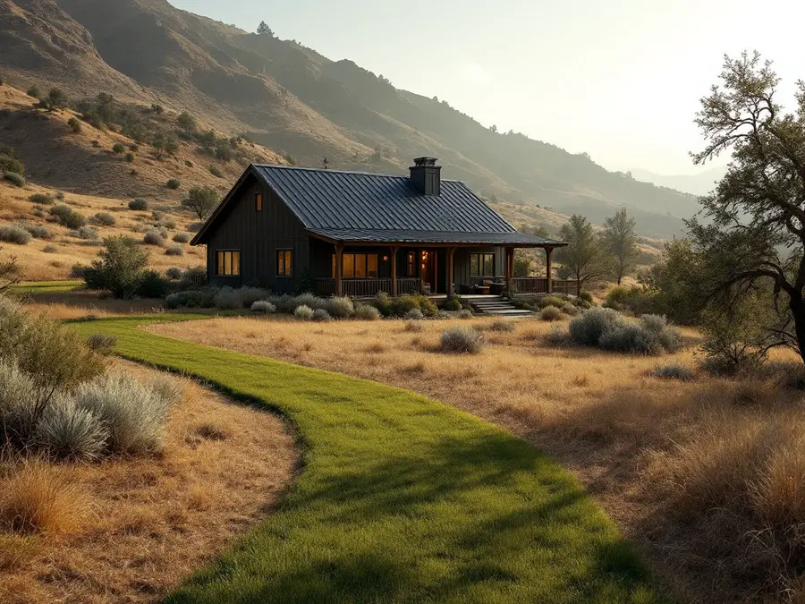 Home with a dark metal roof at the foot of a dry foothill, sagebrush around a green lawn