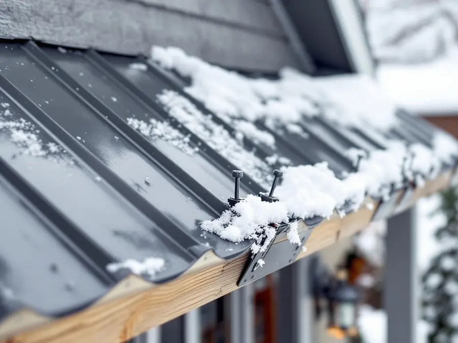 Snow on a gray standing seam roof, with snow guards at the eave