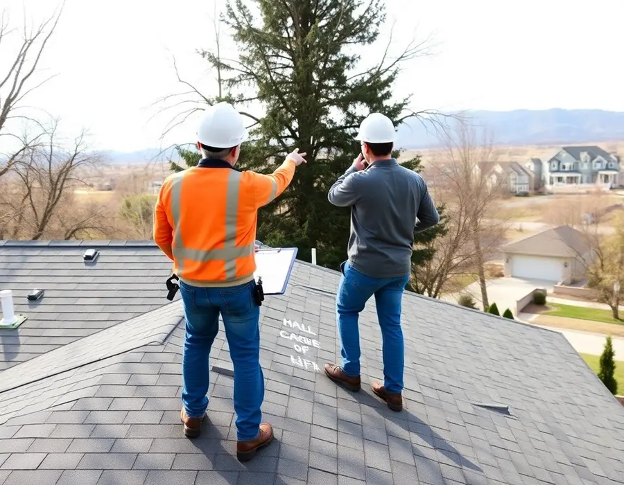 Roofer and adjuster on a roof reviewing chalk-marked hail damage